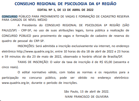 Concurso CRP 6 extrato de edital publicado Direção Concursos