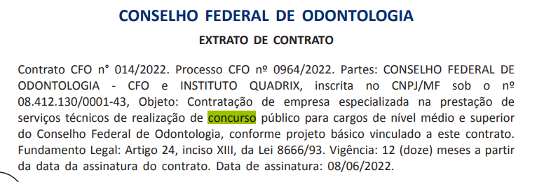 Concurso CFO extrato de contrato publicado edital iminente Direção