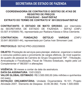 Concurso Sefaz MT termo de contrato FGV é divulgado em diário veja