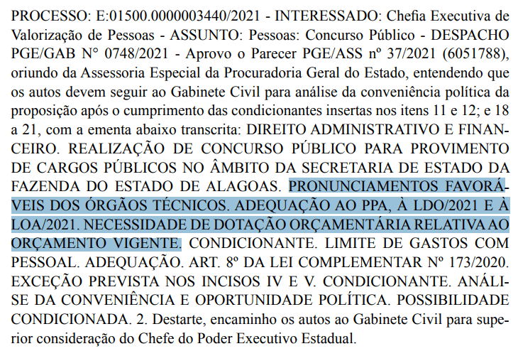 PARECER FAVORÁVEL CONCURSO SEFAZ AL