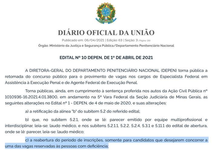 Concurso Depen: inscrições estão reabertas para PcD (6/4)