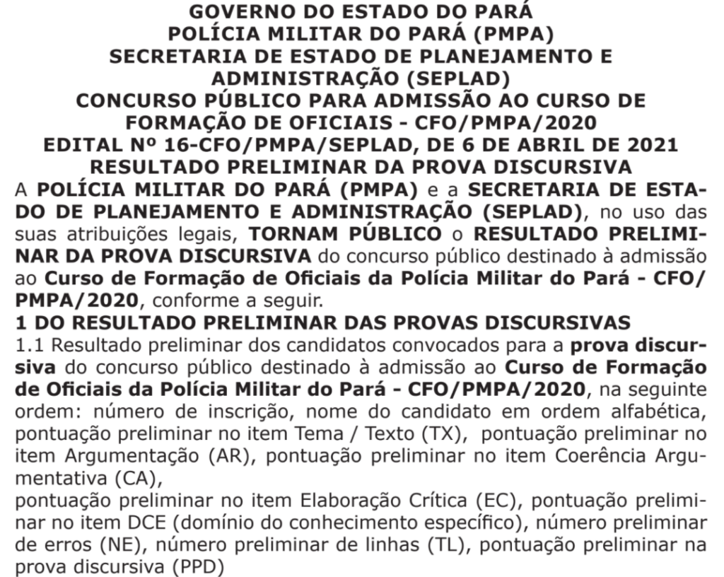 pm pa resultado preliminar discursiva