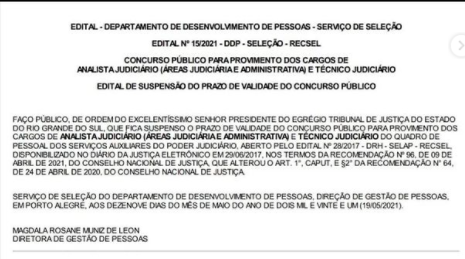 Concurso TJ RS validade suspensa