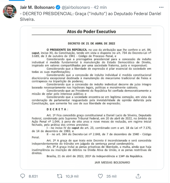 Imagem - Presidente Jair Bolsonaro concede indulto ao Deputado Daniel Silveira: Entenda esse instituto