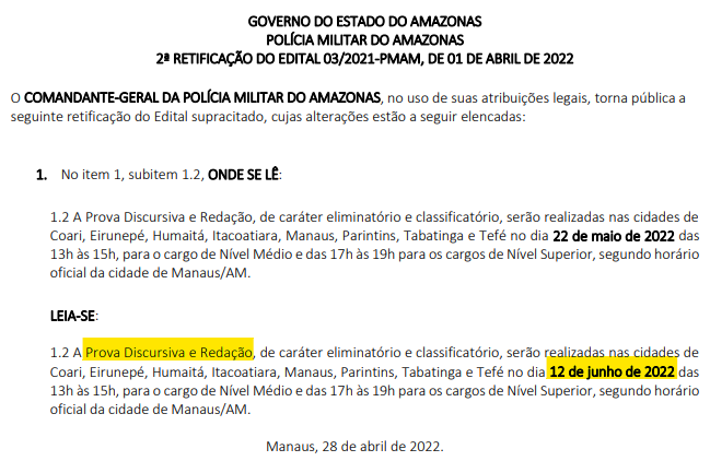 concurso PM AM: mudança prova discursiva