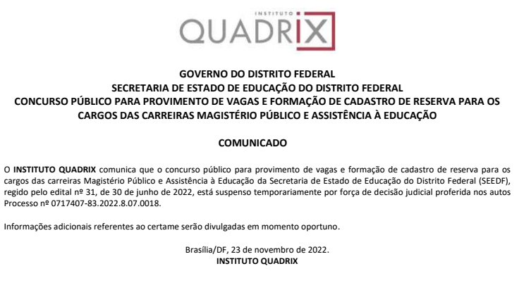 Concurso Sedf Quadrix Confirma Suspensão Do Edital Direção Concursos 9916