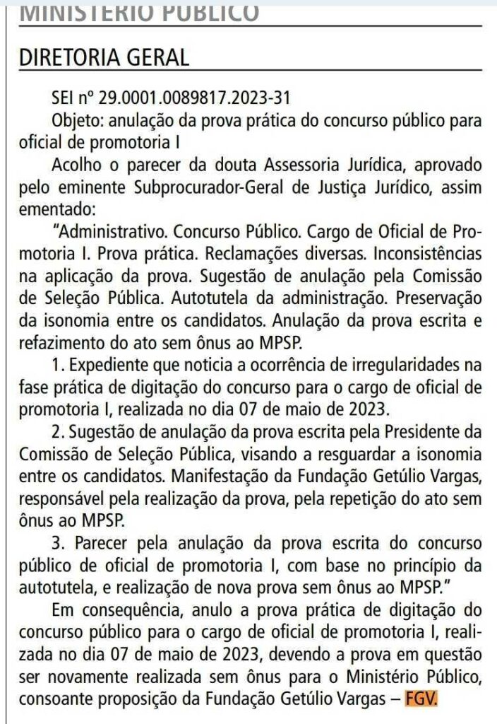 Concurso MP SP: Anulada prova prática para Oficial. Entenda!