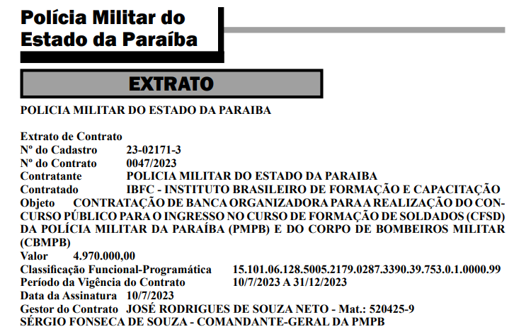 Extrato contrato concurso PM PB 