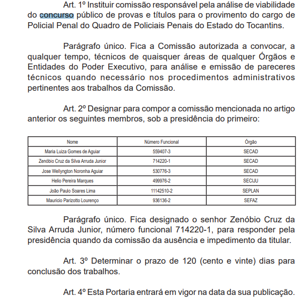 Concurso Polícia Penal TO comissão formada