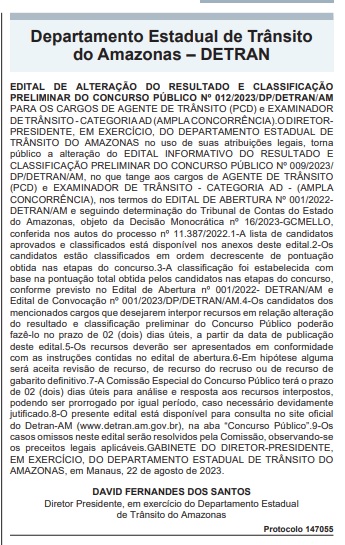 Concurso Detran AM publicada retificação do resultado Direção Concursos