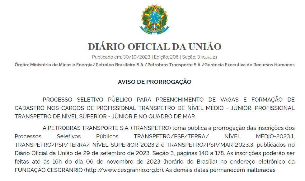 O concurso Transpetro oferece 1.449 vagas para os níveis médio e superior de formação, com salário inicial de até R$ 12 mil!