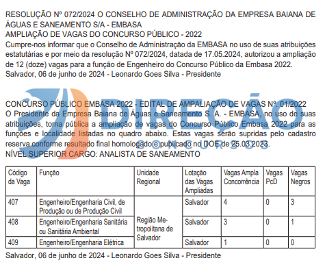 ampliação de vagas, concurso Embasa