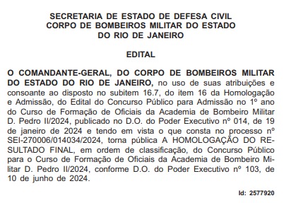 homologação resultado final concurso CBMERJ