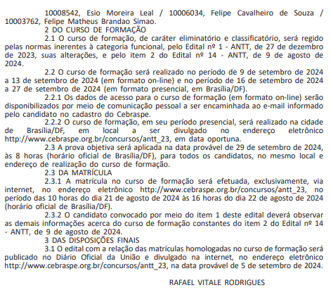 convocação curso de formação do concurso ANTT