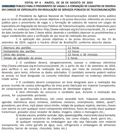 orientações para a realização das provas do concurso Anatel