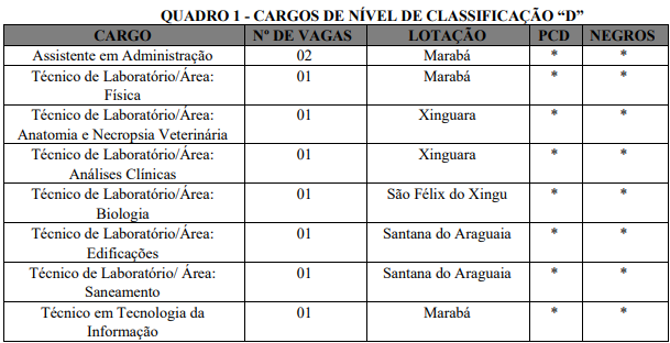 cargos ofertados no último edital do concurso Unifesspa