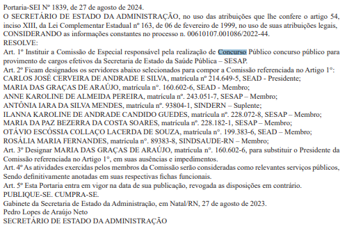 comissão organizadora do novo concurso SESAP RN