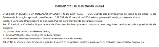 comissão concurso Fundação Oncocentro SP