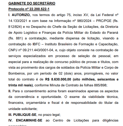 autorização de contratação da banca organizadora do concurso PM PR