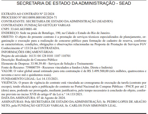 extrato de contrato concurso Sead RN