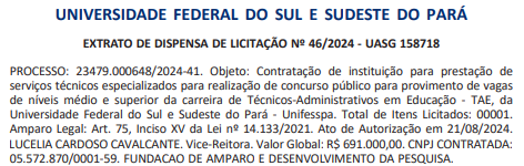 dispensa de licitação banca FADESP, concurso Unifesspa