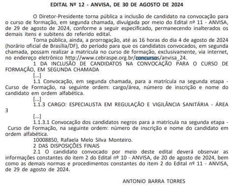 prorrogação inscrição no curso de formação do concurso Anvisa