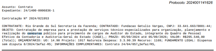 extrato de contrato banca FGV, concurso CAGE RS