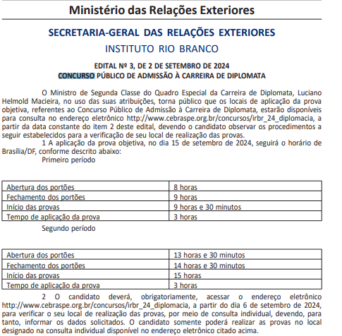 edital de convocação provas concurso Diplomata