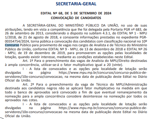 convocação aprovados no último concurso MPU