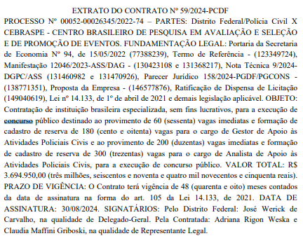 extrato de contrato estabelecendo o Cebraspe como banca do concurso PCDF Administrativo