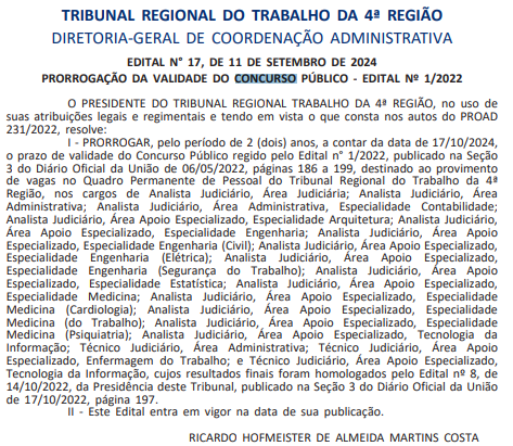 prorrogação validade do concurso TRT4 (TRT RS)