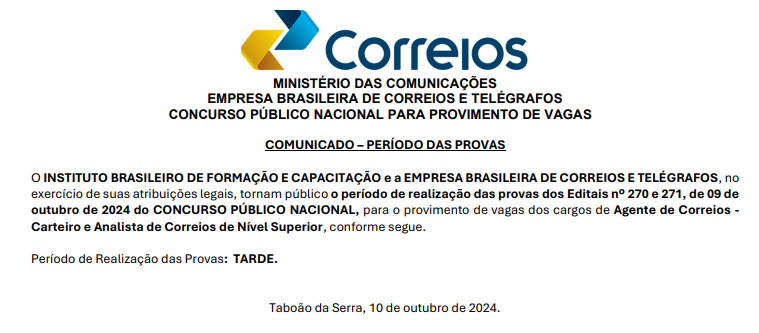 comunicado sobre aplicação das provas do concurso Correios