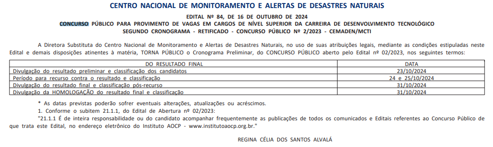 cronograma previsto do concurso Cemaden