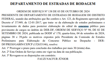 prorrogação prazo de estudos do novo concurso DER DF