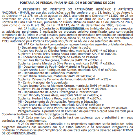 comissão do concurso Iphan para temporários