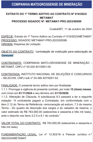 contrato prorrogado com a banca do concurso Metamat MT