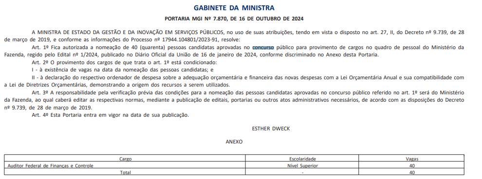 autorização nomeação de aprovados no concurso STN