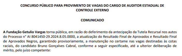 comunicado FGV, lista de aprovados no concurso TCE BA