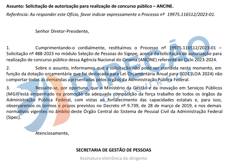 ofício negando pedido de autorização do concurso Ancine