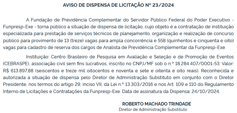 banca organizadora do novo concurso Funpresp-Exe