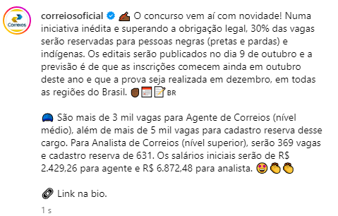 publicação Correios, sobre número de vagas ofertadas